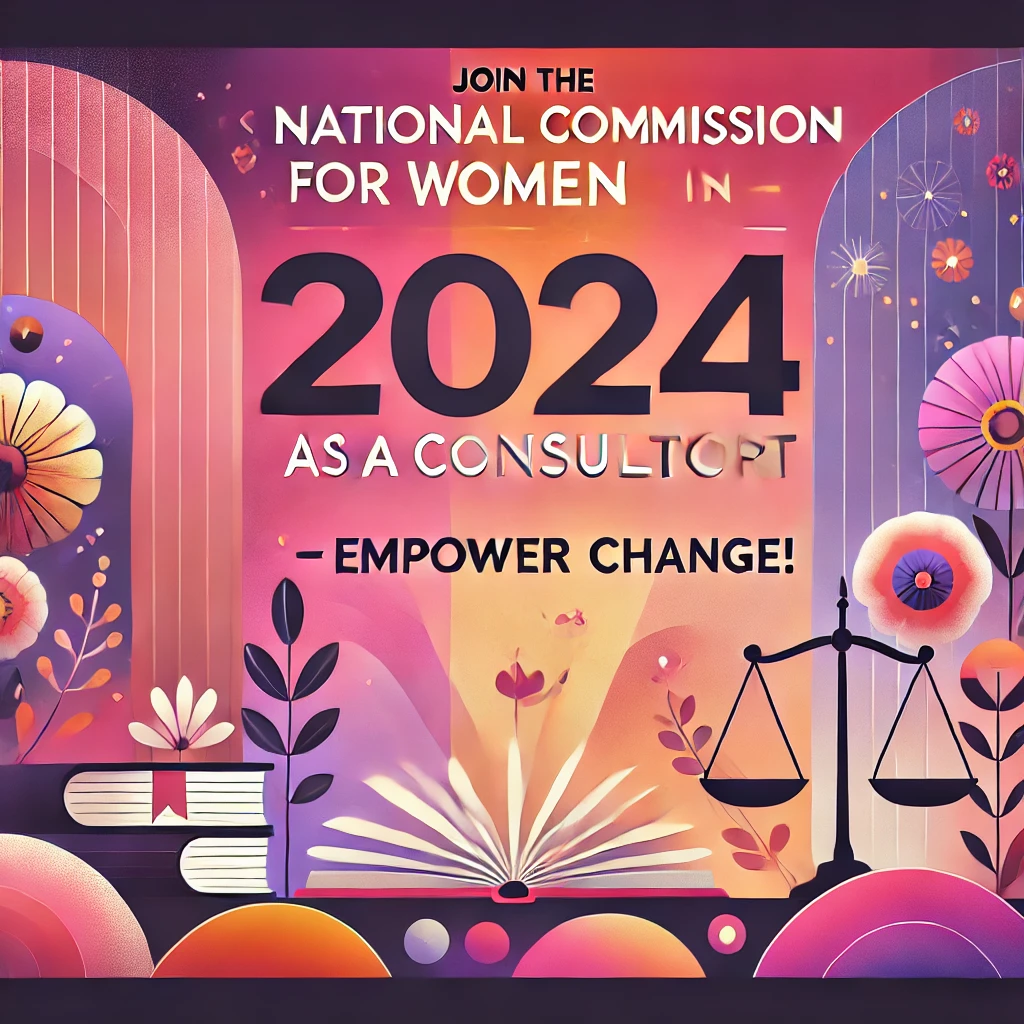 A vibrant and colorful recruitment banner with the title "Join the National Commission for Women as a Consultant in 2024 – Empower Change!" written in bold and elegant typography. The design features a gradient background with shades of pink, purple, and orange, accompanied by subtle icons representing justice, equality, and growth.